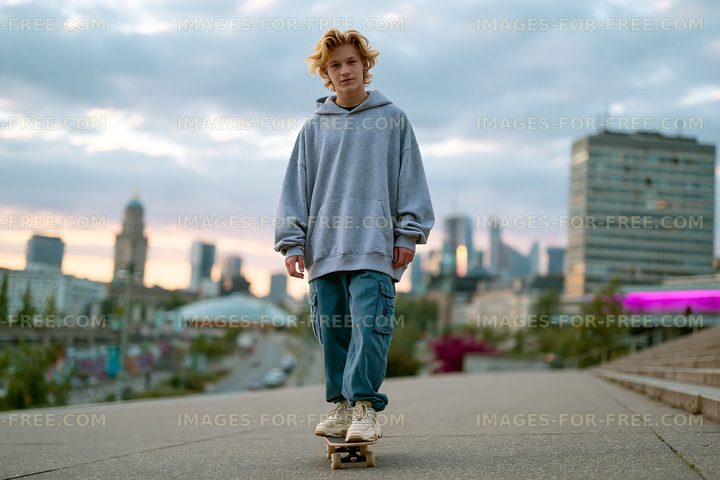 Young person with skateboard against a city skyline