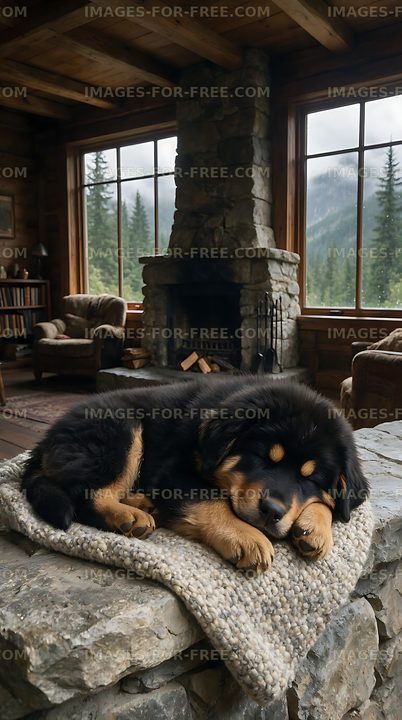 Black and tan puppy sleeping in a rustic cabin