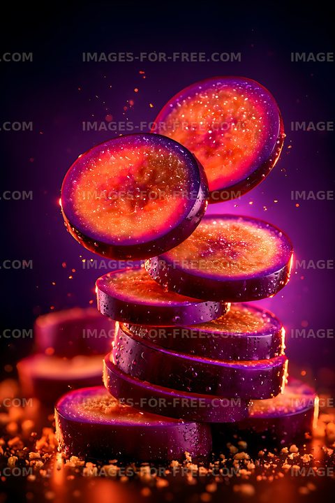 Vibrant stacked purple fruit slices in dramatic lighting