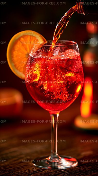Vibrant red cocktail with orange garnish and pouring drink