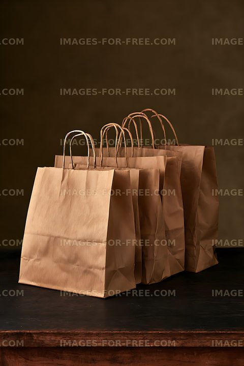 Group of brown paper shopping bags in warm studio light