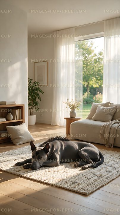 Relaxed black dog resting in a bright home interior