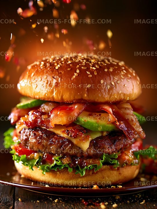 Loaded bacon cheeseburger in dramatic warm light
