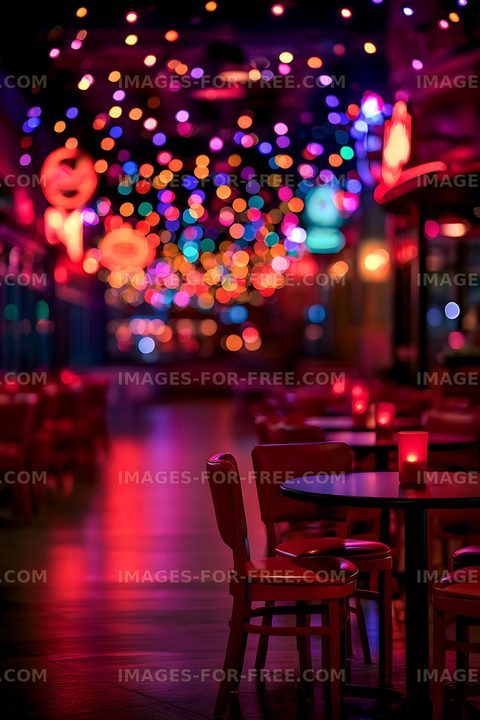 Colorful neon-lit lounge with table and seating