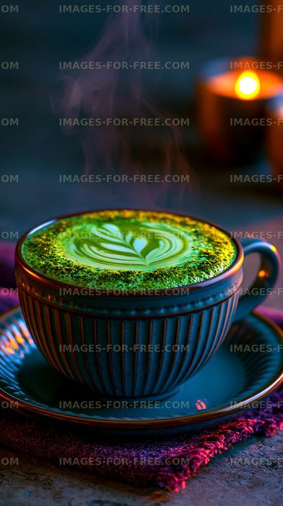 Steaming matcha latte with heart-shaped foam design