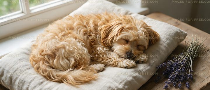 Sleeping curly puppy resting on a soft cushion