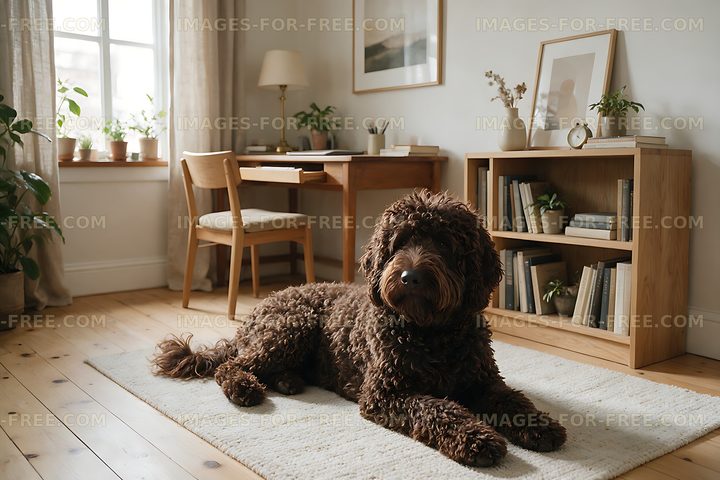 Curly dog relaxing indoors on a soft rug