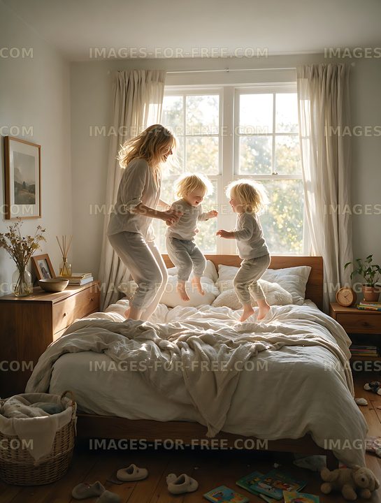 Mother playing with blond children on bed