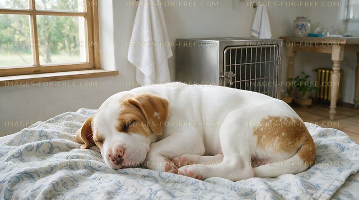 White and brown puppy sleeping peacefully indoors