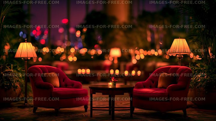 Cozy red armchair lounge with ambient evening lighting