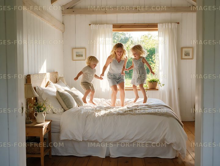 Mother and children playing on bed in sunny bedroom