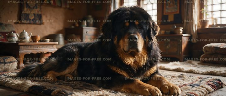 Black and tan long-haired dog relaxing indoors