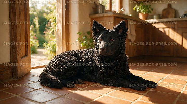 Curly black dog relaxing in a sunlit rustic home