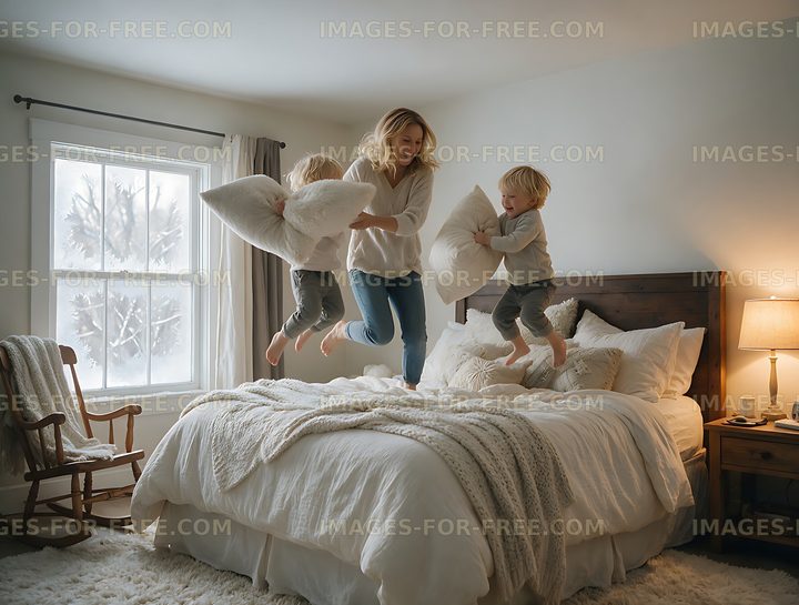 Mother and children having a playful pillow jump