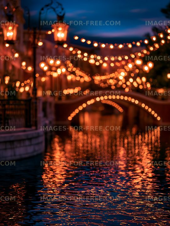 Warm bokeh lights over reflective waterfront water