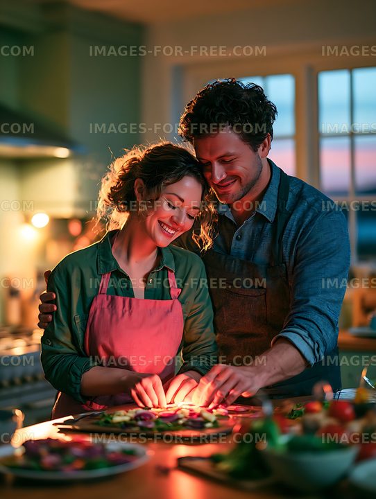 Happy couple cooking together at home