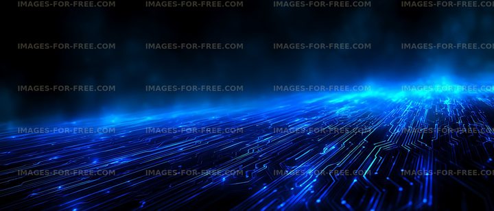 Blue illuminated circuit traces in a dark digital landscape