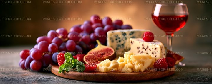 Gourmet cheese platter with fruit and wine