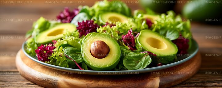 Colorful leafy salad with fresh avocado on wooden board