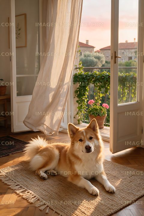 Fluffy dog relaxing in a sunlit home interior