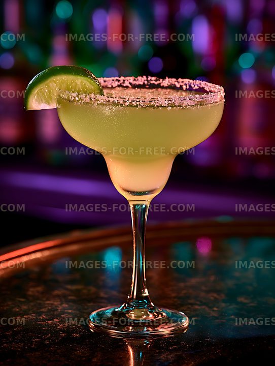 Salt-rimmed citrus drink with lime wedge