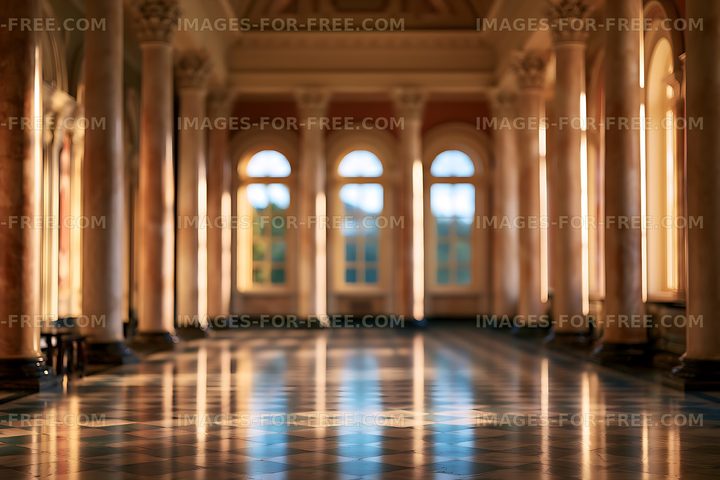 Empty classical interior illuminated by arched windows