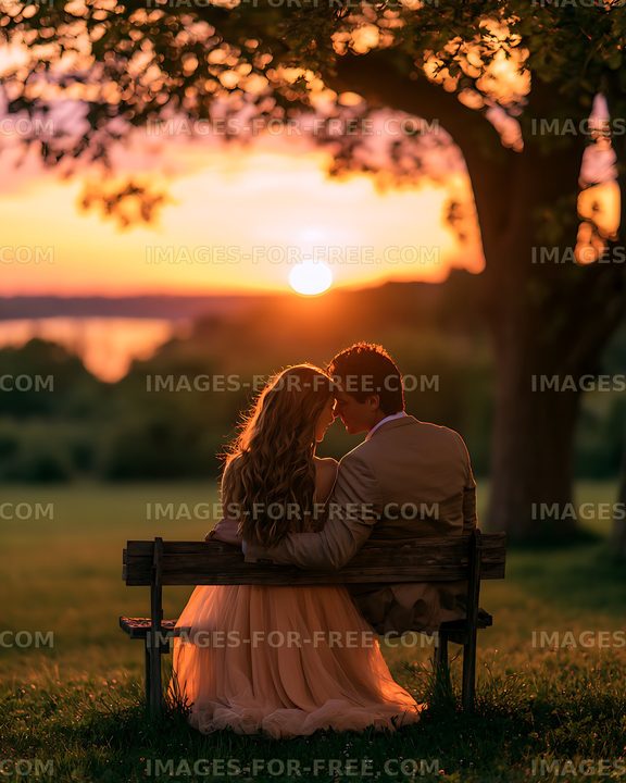 Romantic couple sitting together on a bench at sunset