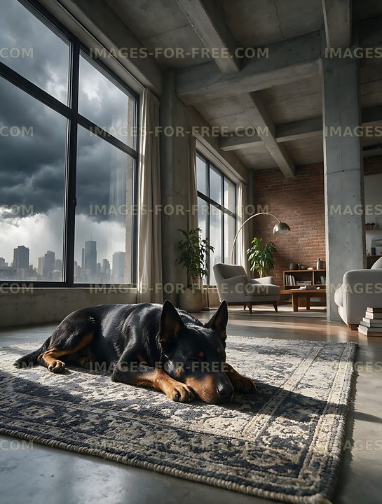 Dog resting on a patterned rug in a sunlit loft