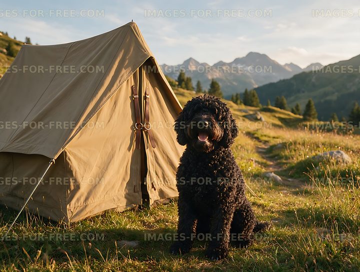 Black curly-coated dog resting at a mountain campsite