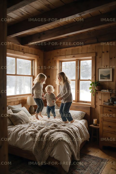 Mother Playing with Blond Children on Bed