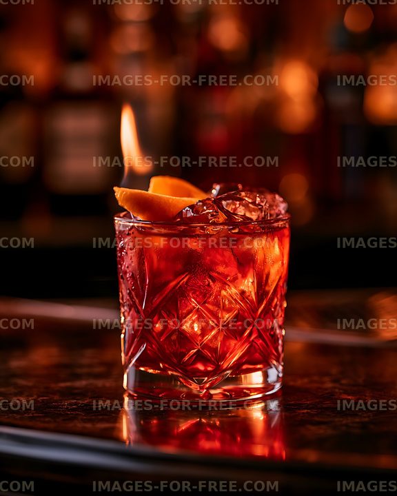 Red cocktail with citrus garnish on a bar