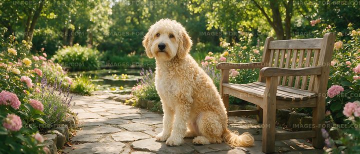 Curly-coated dog resting on a garden path near a bench