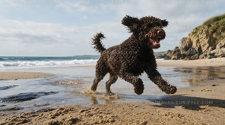 Curly-coated dog splashing along a rocky beach