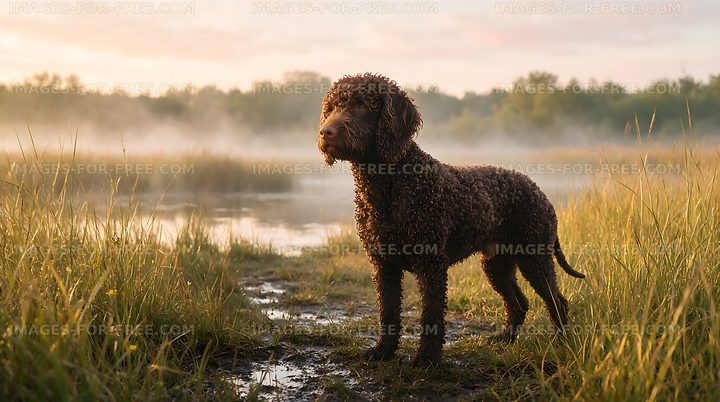 Curly-coated dog in a grassy wetland at sunrise