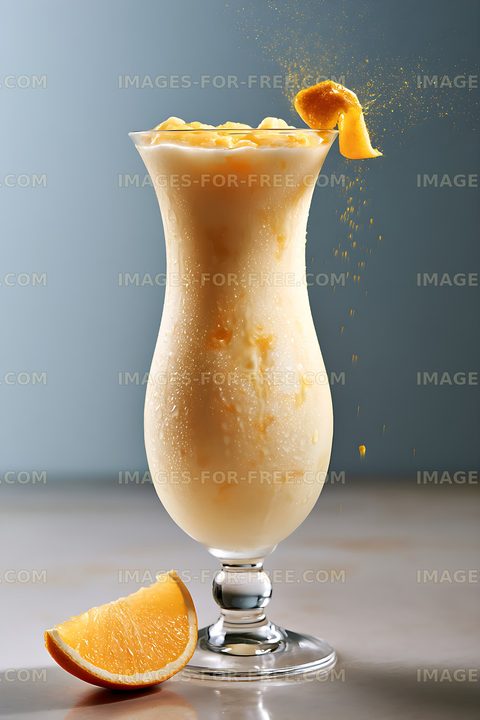Orange smoothie in glass with citrus garnish and splash