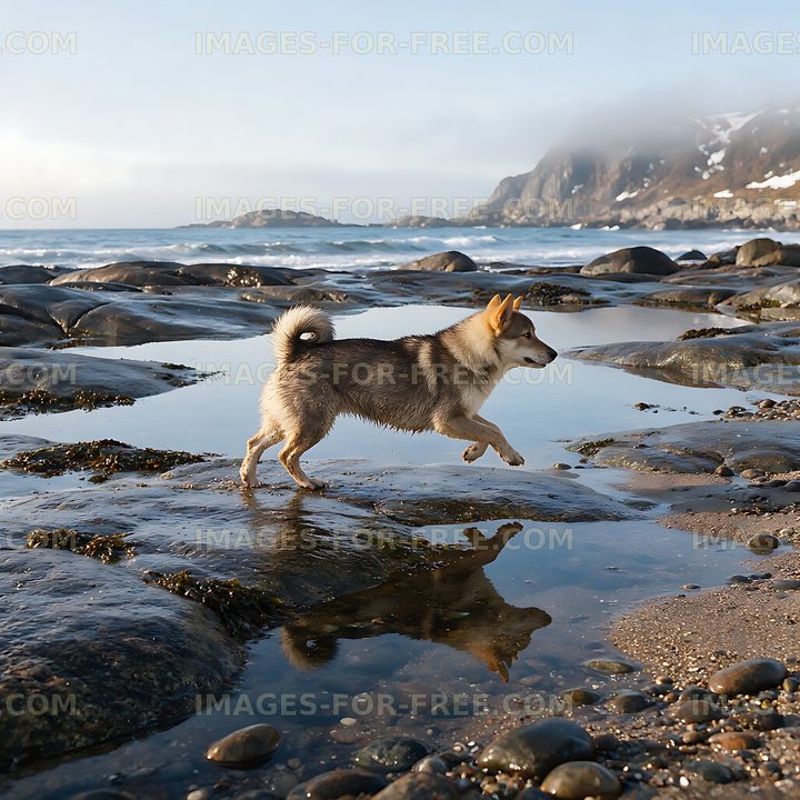 Dog running through tidal pools on a rocky shore