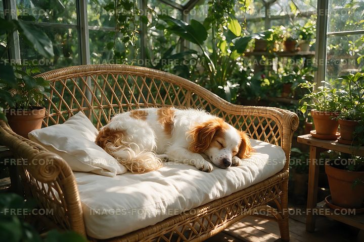 Puppy sleeping on white bedding among indoor plants