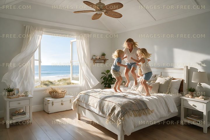 Mother and two blond children jumping on a bed