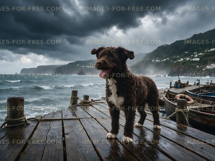 Curly-coated dog standing on a rainy coastal pier