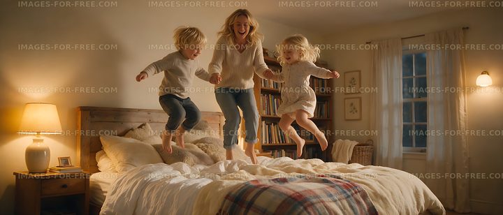 Happy mother and children bouncing on bed at home