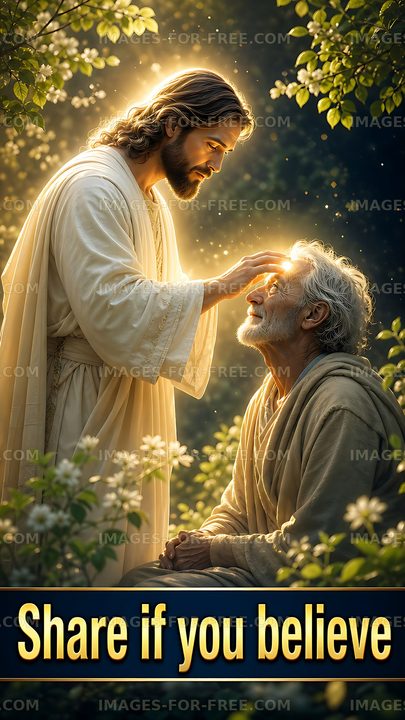 Jesus touching the forehead of an elderly man in nature
