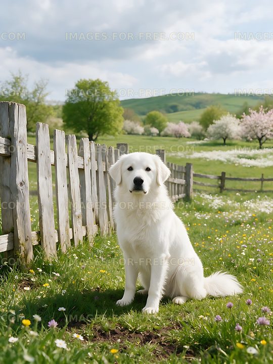 Fluffy white dog in a spring countryside meadow
