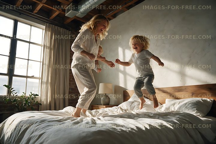 Mother and children having fun on a bed