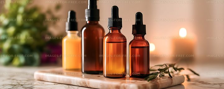 Amber glass dropper bottles in warm natural light