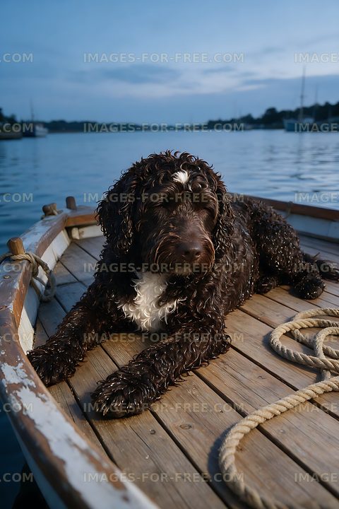 Brown and white curly-haired dog on a boat