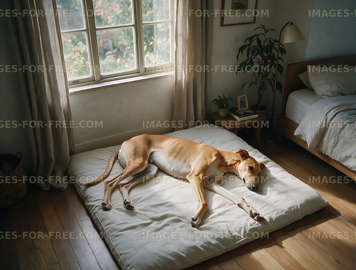 Rare dog breed resting on a mattress at home