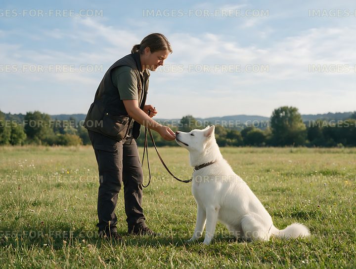 Handler with white dog in open grassy countryside