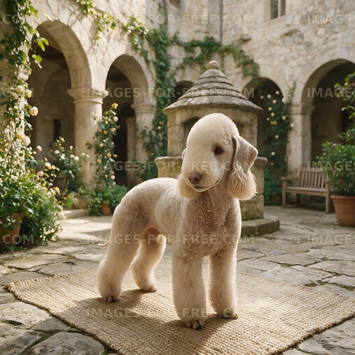 Cream curly-coated dog in an ivy-covered courtyard