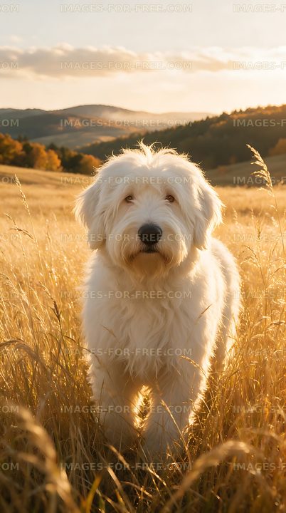 Fluffy white dog in golden mountain meadow