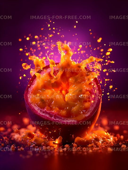Vivid passion fruit pulp splashing in midair